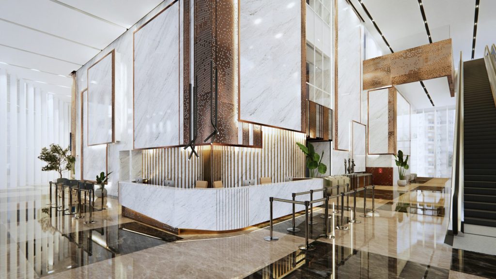 Modern lobby with marble and wood accents